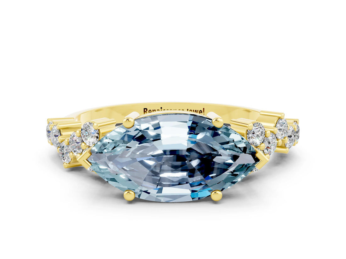 Yellow gold Marquise Cut Diamond Cluster Pavé Band with Four-Prong Setting