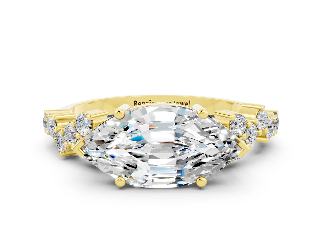 Yellow gold Marquise Cut Diamond Cluster Pavé Band with Four-Prong Setting