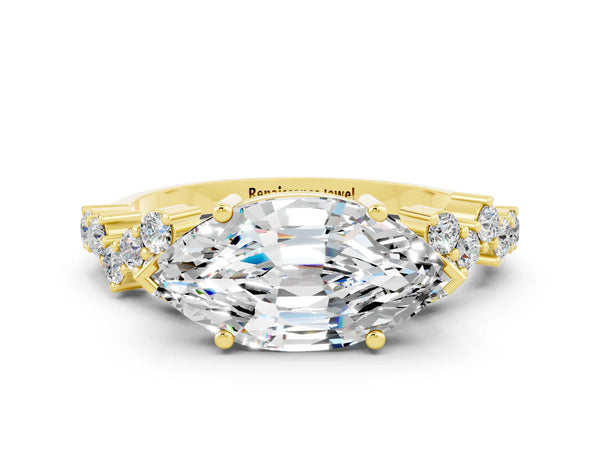 Yellow gold Marquise Cut Moissanite Scattered Round Accent Ring with Prong Setting