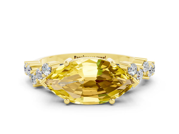 Yellow gold Marquise Cut Yellow Sapphire Scattered Round Accent Ring with Prong Setting