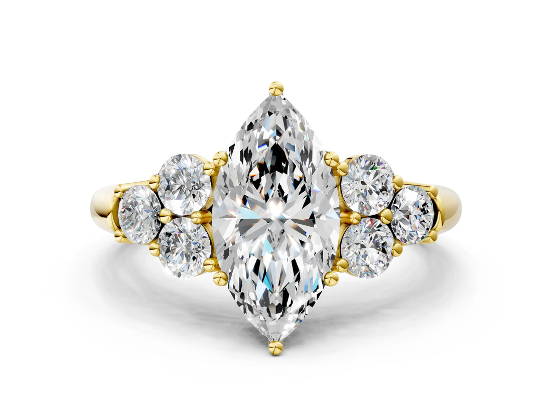 Yellow gold Marquise Cut Diamond Cluster Ring with Round Accent Stones and Prong Setting on a Classic Band_55