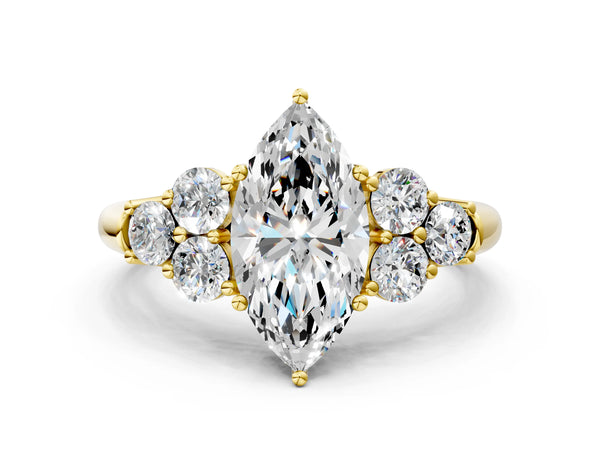 Yellow gold Marquise Cut Diamond Cluster Ring with Round Accent Stones and Prong Setting on a Classic Band