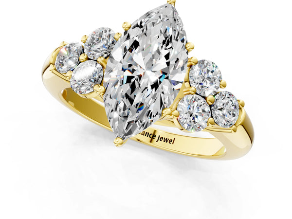 Yellow gold Marquise Cut Diamond Cluster Ring with Round Accent Stones and Prong Setting on a Classic Band