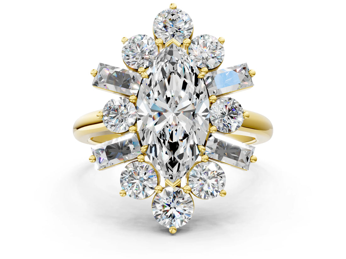 Yellow gold Marquise Cut Diamond Cluster Ring with Round and Baguette Stones, Split Shank Band, Prong Setting_15