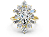 Yellow gold Marquise Cut Diamond Cluster Ring with Round and Baguette Stones, Split Shank Band, Prong Setting_15