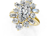 Yellow gold Marquise Cut Diamond Cluster Ring with Round and Baguette Stones, Split Shank Band, Prong Setting_16