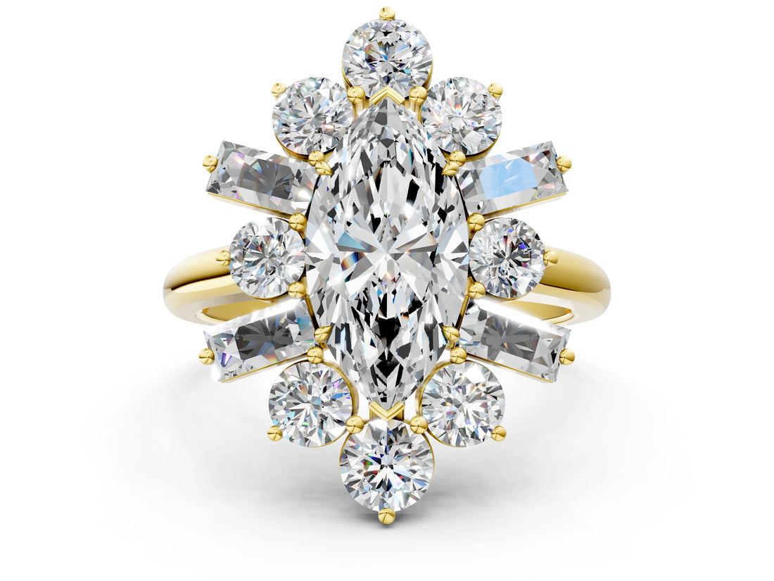 Yellow gold Marquise Cut Diamond Cluster Ring with Round and Baguette Stones, Split Shank Band, Prong Setting_3