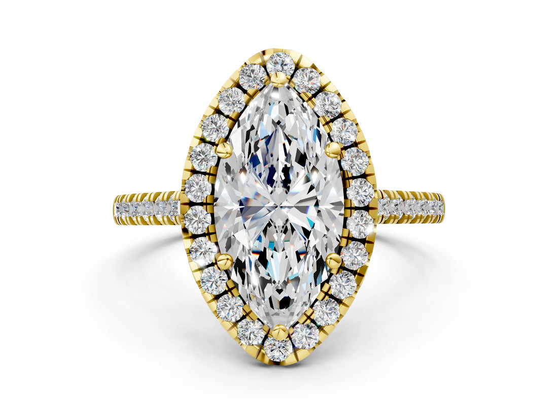 Yellow gold Marquise Cut Diamond Cushion Halo Ring with Pavé Band_15