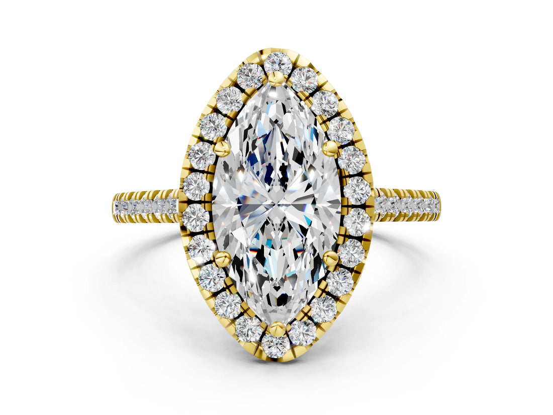 Yellow gold Marquise Cut Diamond Cushion Halo Ring with Pavé Band_3