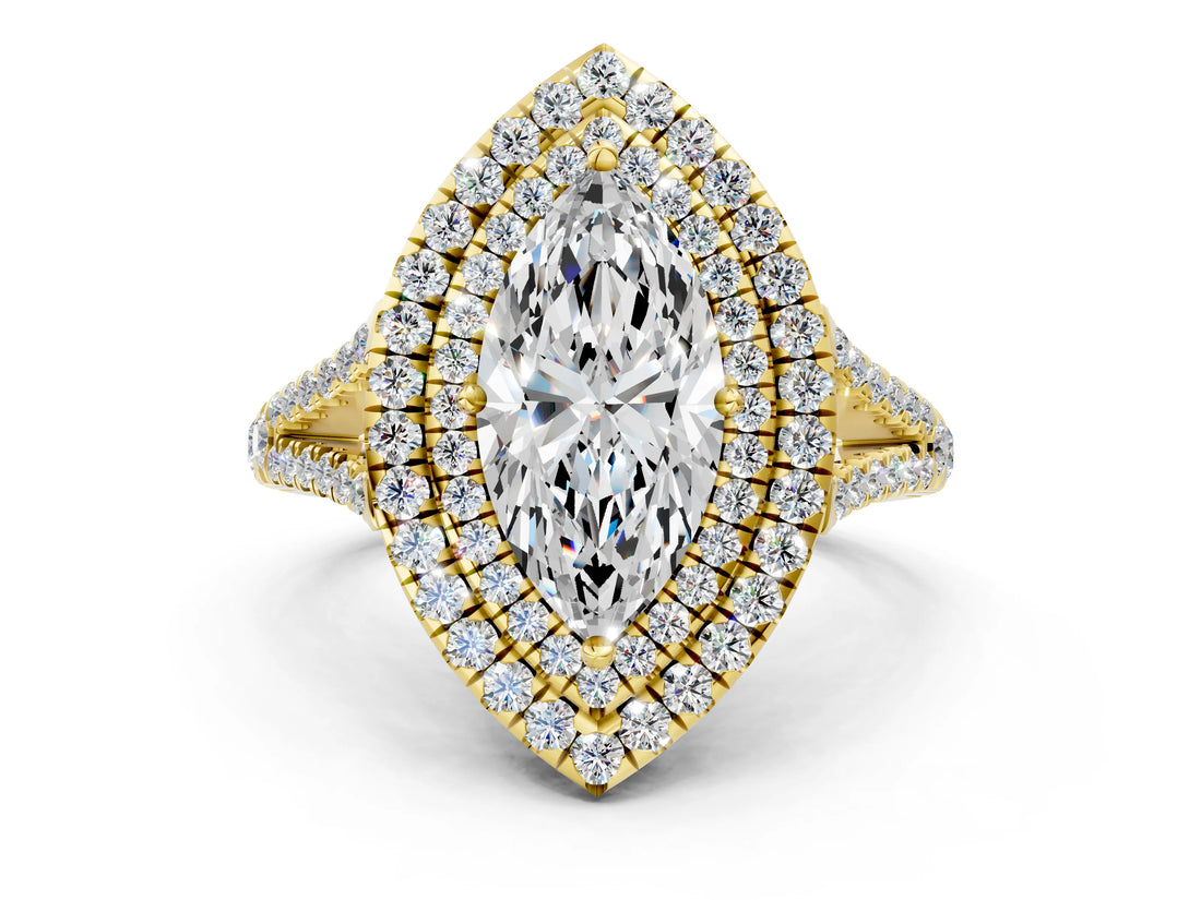 Yellow gold Marquise Cut Diamond Double Halo Ring with Pavé Band and Prong Setting_97