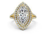 Yellow gold Marquise Cut Diamond Double Halo Ring with Pavé Band and Prong Setting_97