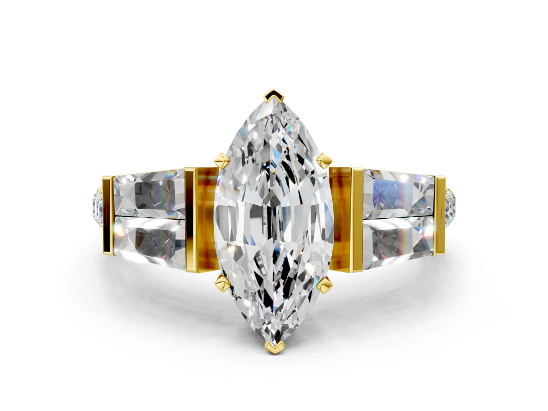 Yellow gold Marquise Cut Diamond Engagement Ring with Baguette Side Stones and Channel Set Band_42