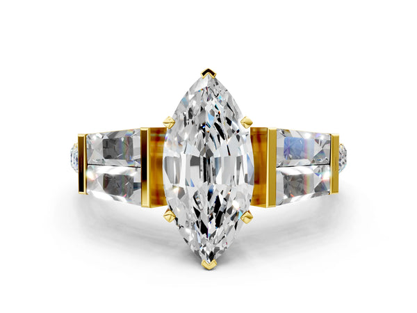 Yellow gold Marquise Cut Diamond Engagement Ring with Baguette Side Stones and Channel Set Band