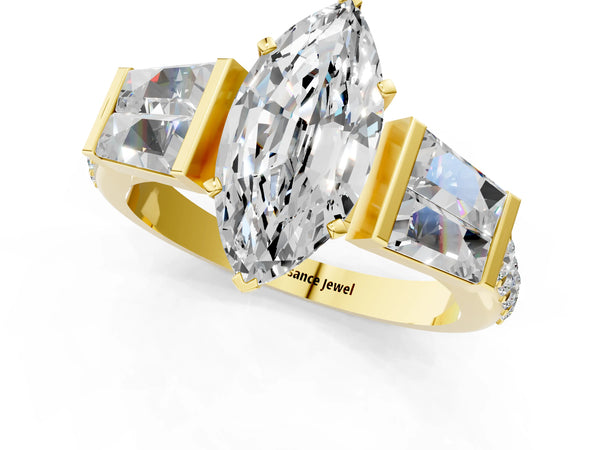 Yellow gold Marquise Cut Diamond Engagement Ring with Baguette Side Stones and Channel Set Band