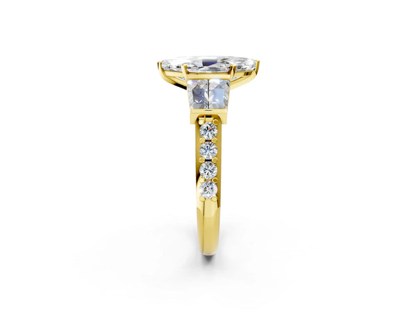Yellow gold Marquise Cut Diamond Engagement Ring with Baguette Side Stones and Channel Set Band