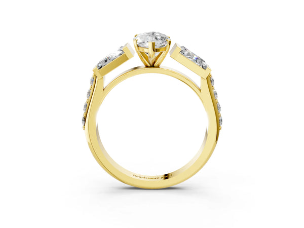 Yellow gold Marquise Cut Diamond Engagement Ring with Baguette Side Stones and Channel Set Band