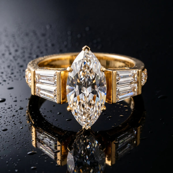 Yellow gold Marquise Cut Diamond Engagement Ring with Baguette Side Stones and Channel Set Band