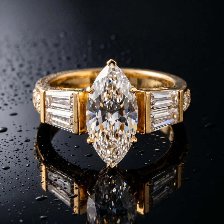 Yellow gold Marquise Cut Diamond Engagement Ring with Baguette Side Stones and Channel Set Band