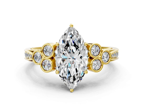 Yellow Gold Marquise Vintage Engagement Ring Setting with Bezel-Set Shoulder Clusters and Milgrain