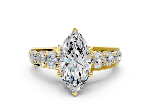 Yellow gold Marquise Cut Diamond Engagement Ring with Pavé Band and Four-Prong Setting