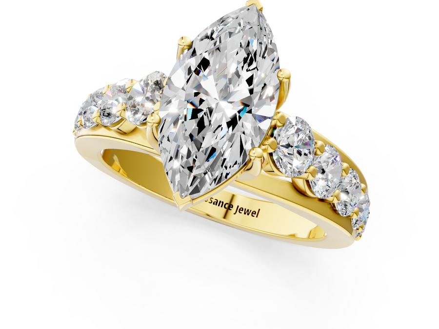 Yellow gold Marquise Cut Diamond Engagement Ring with Pavé Band and Four-Prong Setting