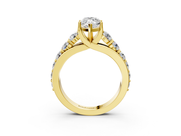 Yellow gold Marquise Cut Diamond Engagement Ring with Pavé Band and Four-Prong Setting