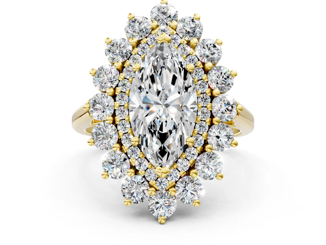 Yellow gold Marquise Cut Diamond Floral Double Halo Engagement Ring with Prong Setting_77