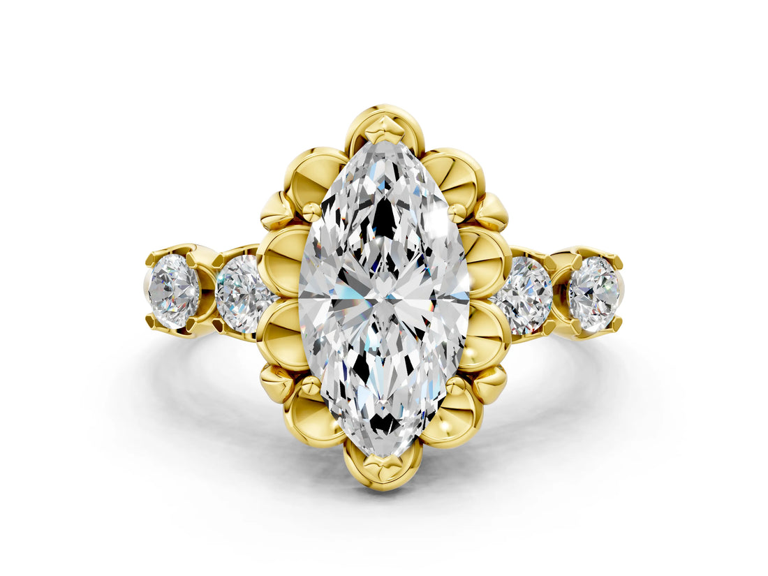 Yellow gold Marquise Cut Diamond Floral Halo Engagement Ring with Shared Prong Setting