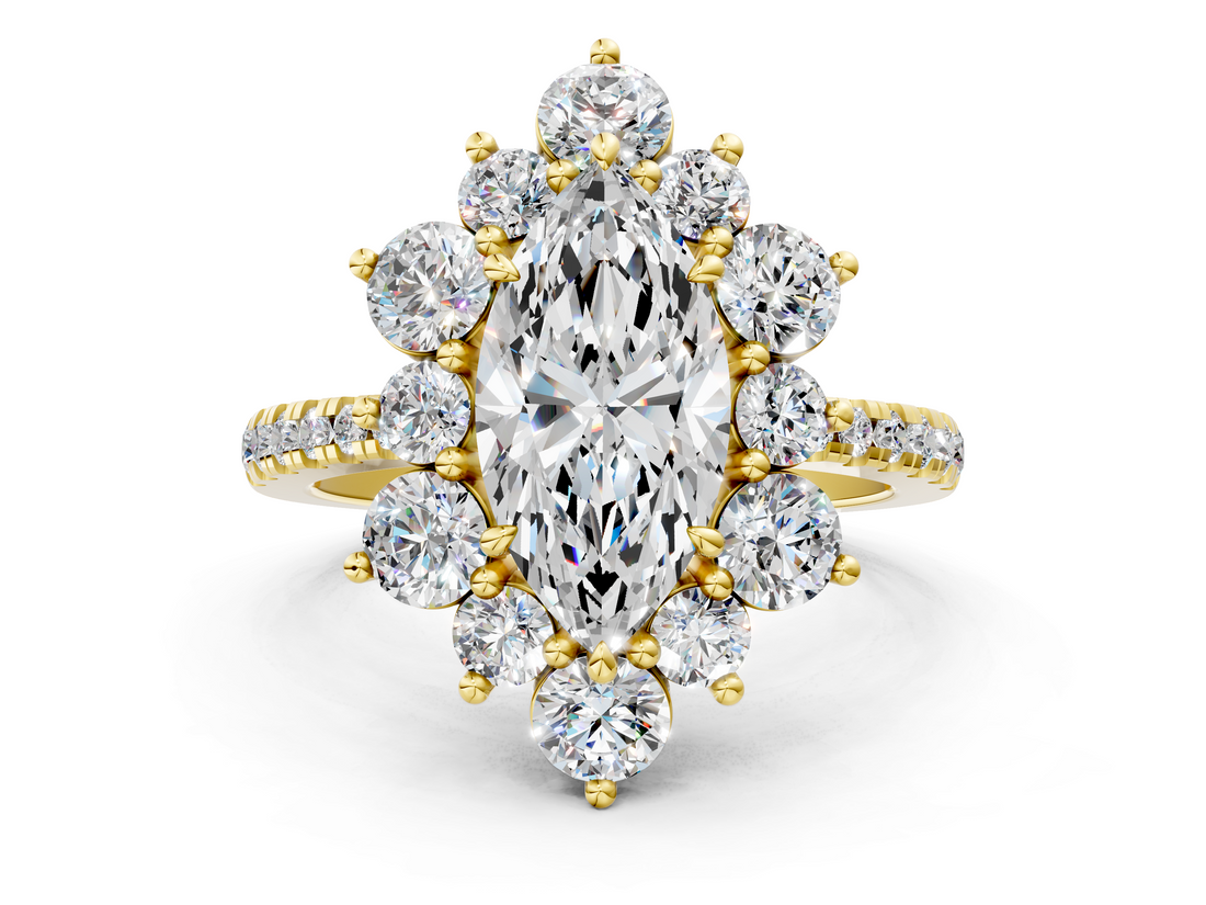 Yellow gold Marquise Cut Diamond Floral Halo Pave Band with Prong Setting_35