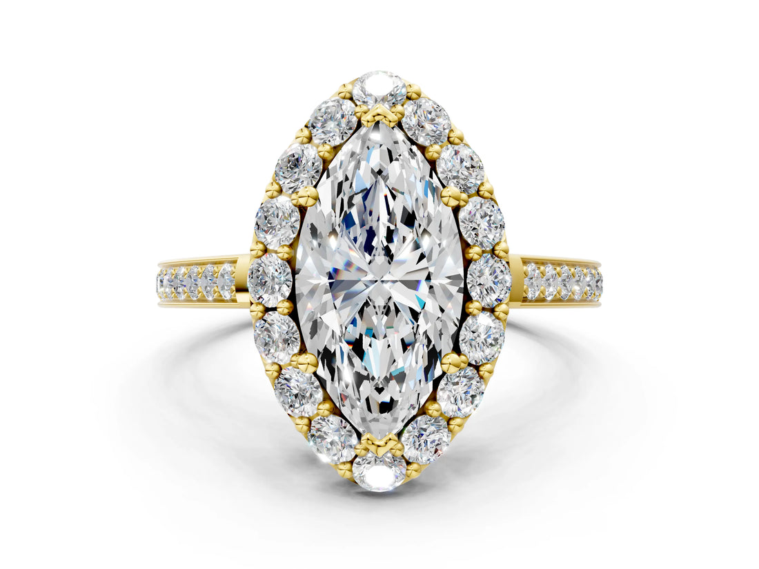 Yellow gold Marquise Cut Diamond Floral Halo Ring with Pavé Band and Prong Setting_3