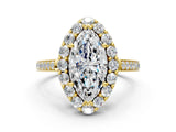 Yellow gold Marquise Cut Diamond Floral Halo Ring with Pavé Band and Prong Setting_3