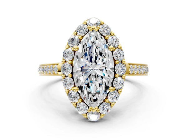 Yellow gold Marquise Cut Diamond Floral Halo Ring with Pavé Band and Prong Setting