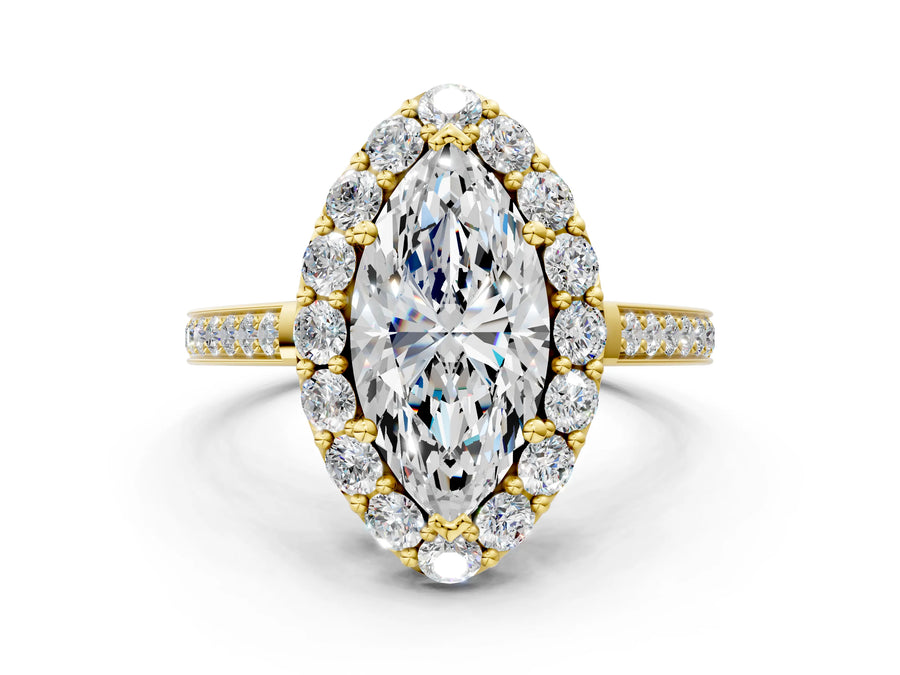 Yellow gold Marquise Cut Diamond Floral Halo Ring with Pavé Band and Prong Setting