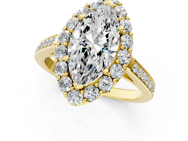 Yellow gold Marquise Cut Diamond Floral Halo Ring with Pavé Band and Prong Setting