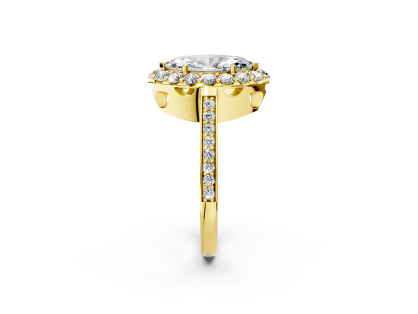 Yellow gold Marquise Cut Diamond Floral Halo Ring with Pavé Band and Prong Setting