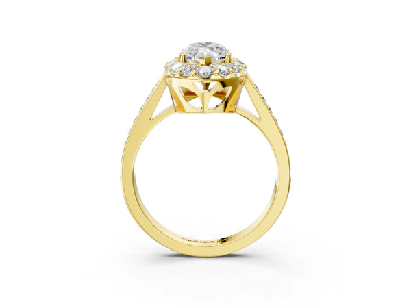 Yellow gold Marquise Cut Diamond Floral Halo Ring with Pavé Band and Prong Setting