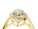Yellow gold Marquise Cut Diamond Floral Halo Ring with Pavé Band and Prong Setting_7