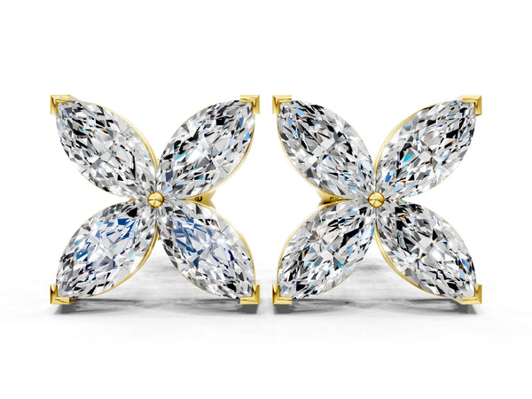 Yellow gold Marquise Cut Diamond Flower Stud Earrings