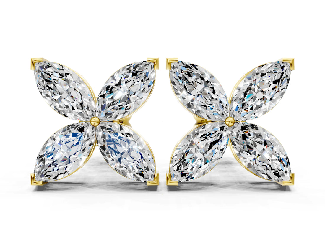 10K Yellow Gold 1.00 Carat E-F VVS-VS Marquise Diamond Flower Stud Earrings