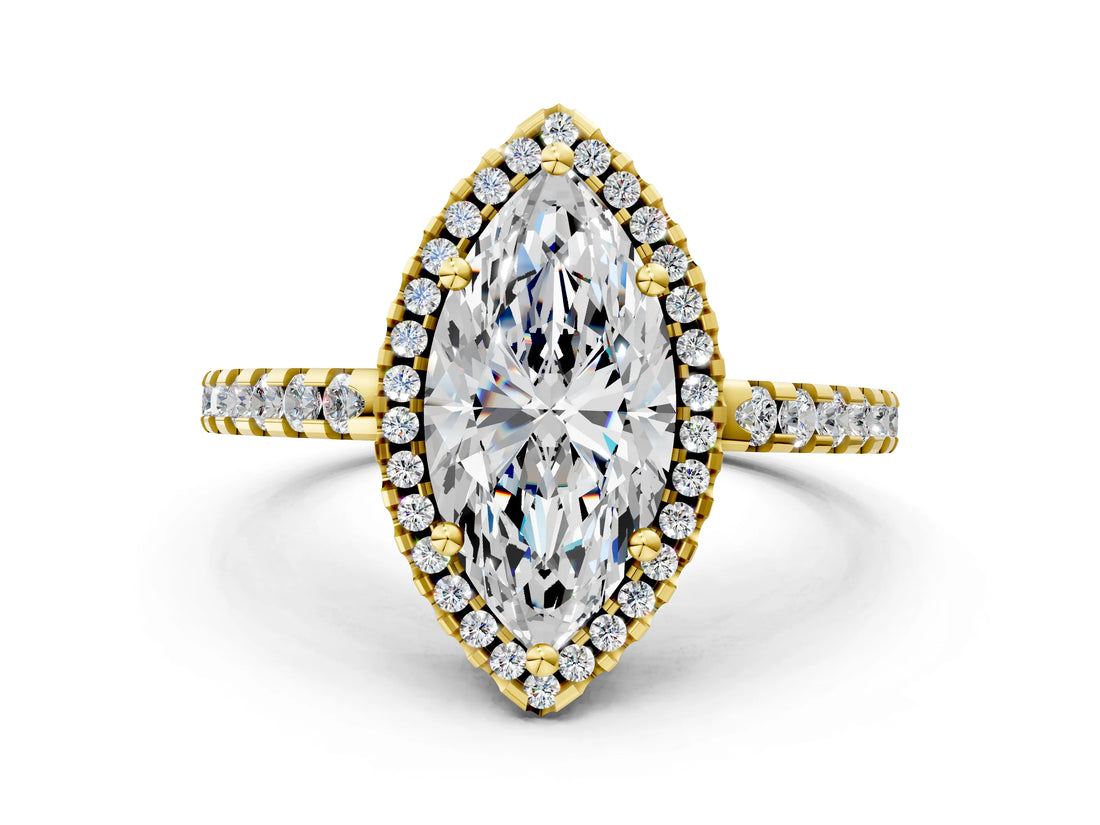 Yellow gold Marquise Cut Diamond Halo Engagement Ring with Pavé Band and Prong Setting_27