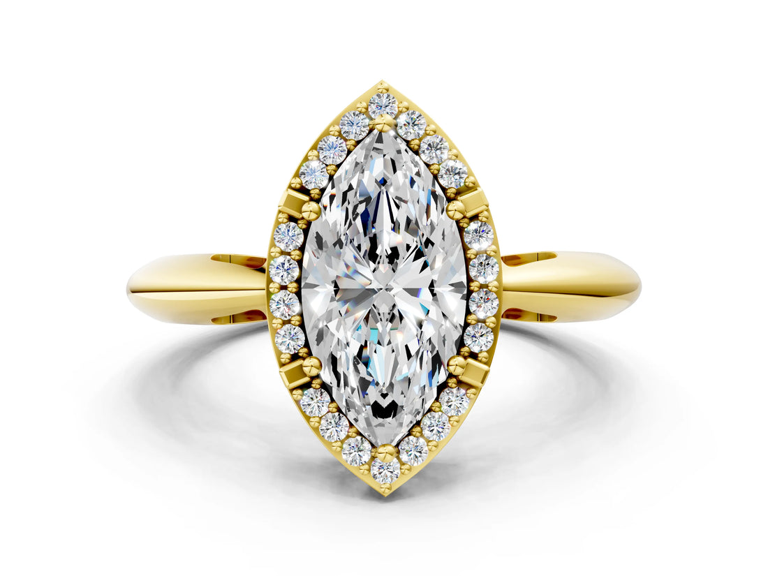 Yellow gold Marquise Cut Diamond Halo Engagement Ring with Split Shank and Four-Prong Setting_94