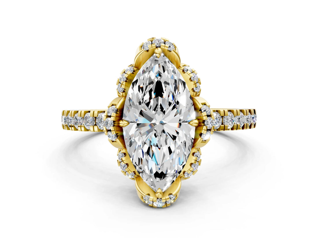 Yellow gold Marquise Cut Diamond Halo Pave Band with Four-Prong Setting_4