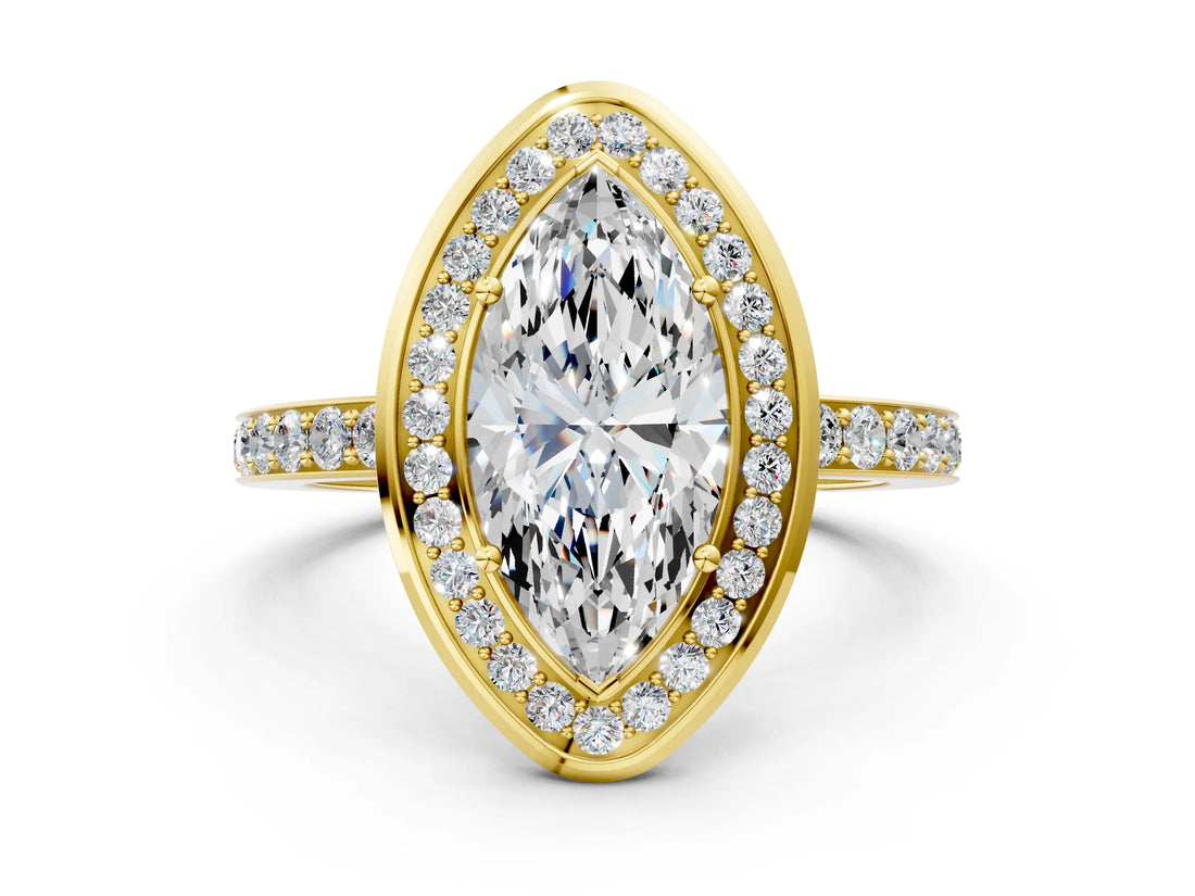 Yellow gold Marquise Cut Diamond Halo Ring with Bezel Frame and Pavé Band_3