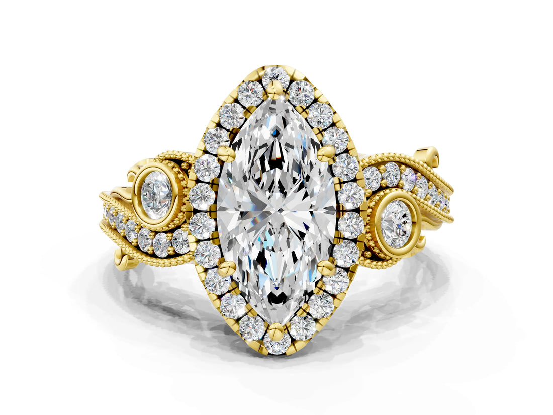 Yellow gold Marquise Cut Diamond Halo Ring with Milgrain Pavé Band and Four-Prong Setting_39