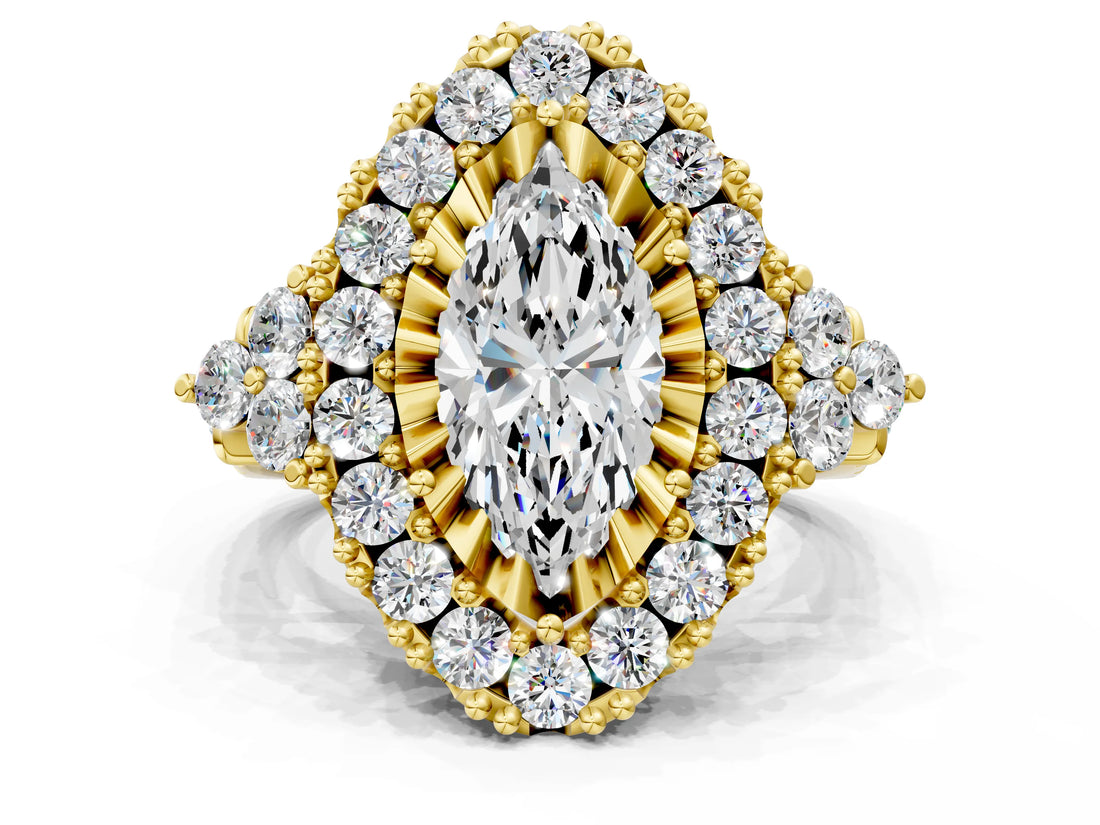 Yellow gold Marquise Cut Diamond Halo Ring with Pavé Band and Four-Prong Setting_41