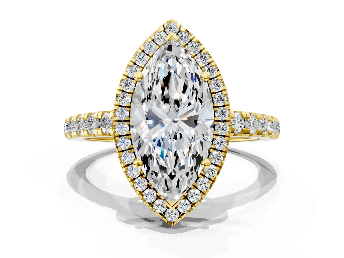 Yellow gold Marquise Cut Diamond Halo Ring with Pavé Band and Four-Prong Setting_7