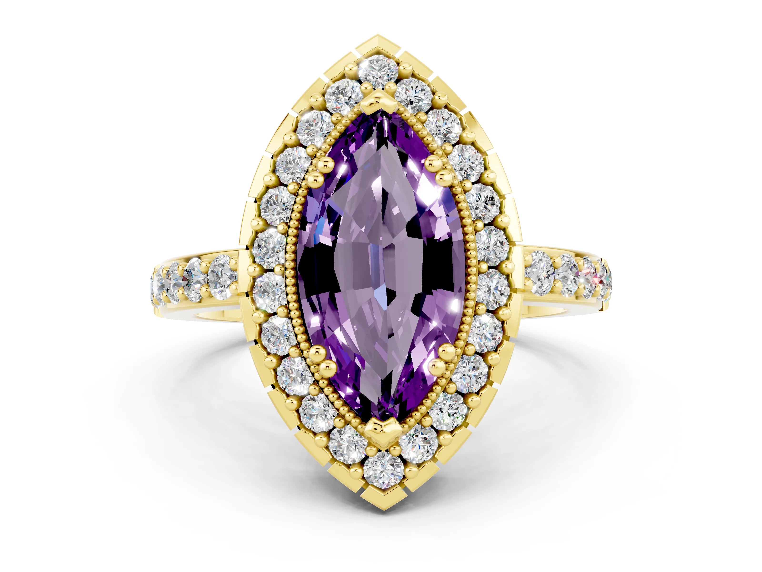 Yellow gold Marquise Cut Diamond Halo Ring with Pavé Band and Prong Setting