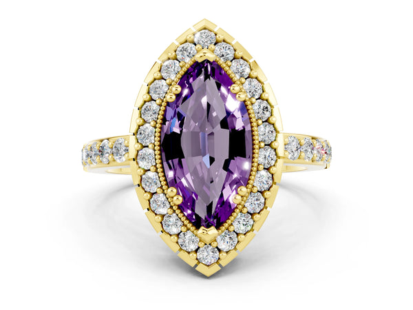 Yellow gold Marquise Cut Amethyst Halo Ring with Pavé Band and Prong Setting