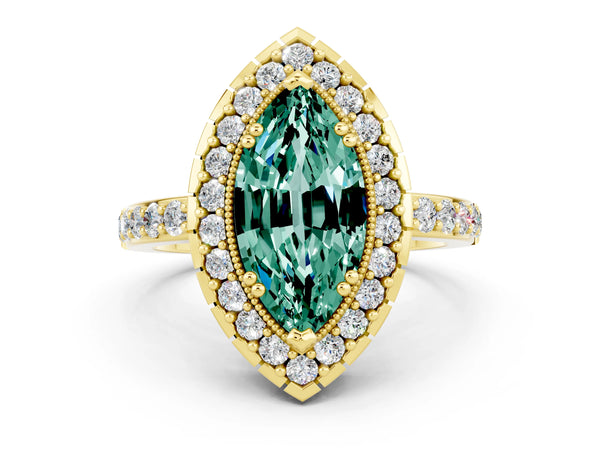 Yellow gold Marquise Cut Green Sapphire Halo Ring with Pavé Band and Prong Setting