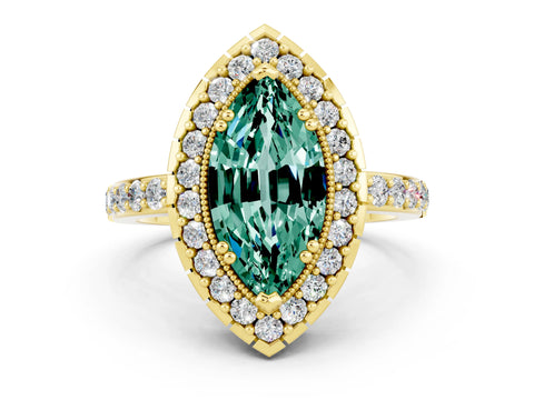 Yellow gold Marquise Cut Diamond Halo Ring with Pavé Band and Prong Setting